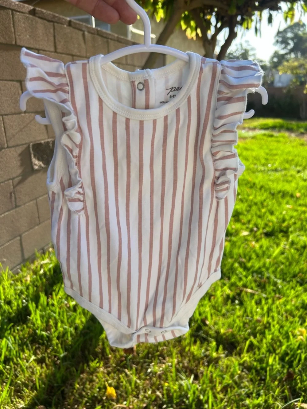 Striped Ruffle Baby Bodysuit - White & Dusty Pink